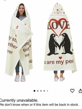 Love Penguins Hooded Throw Blanket - Cream Red Heart Design